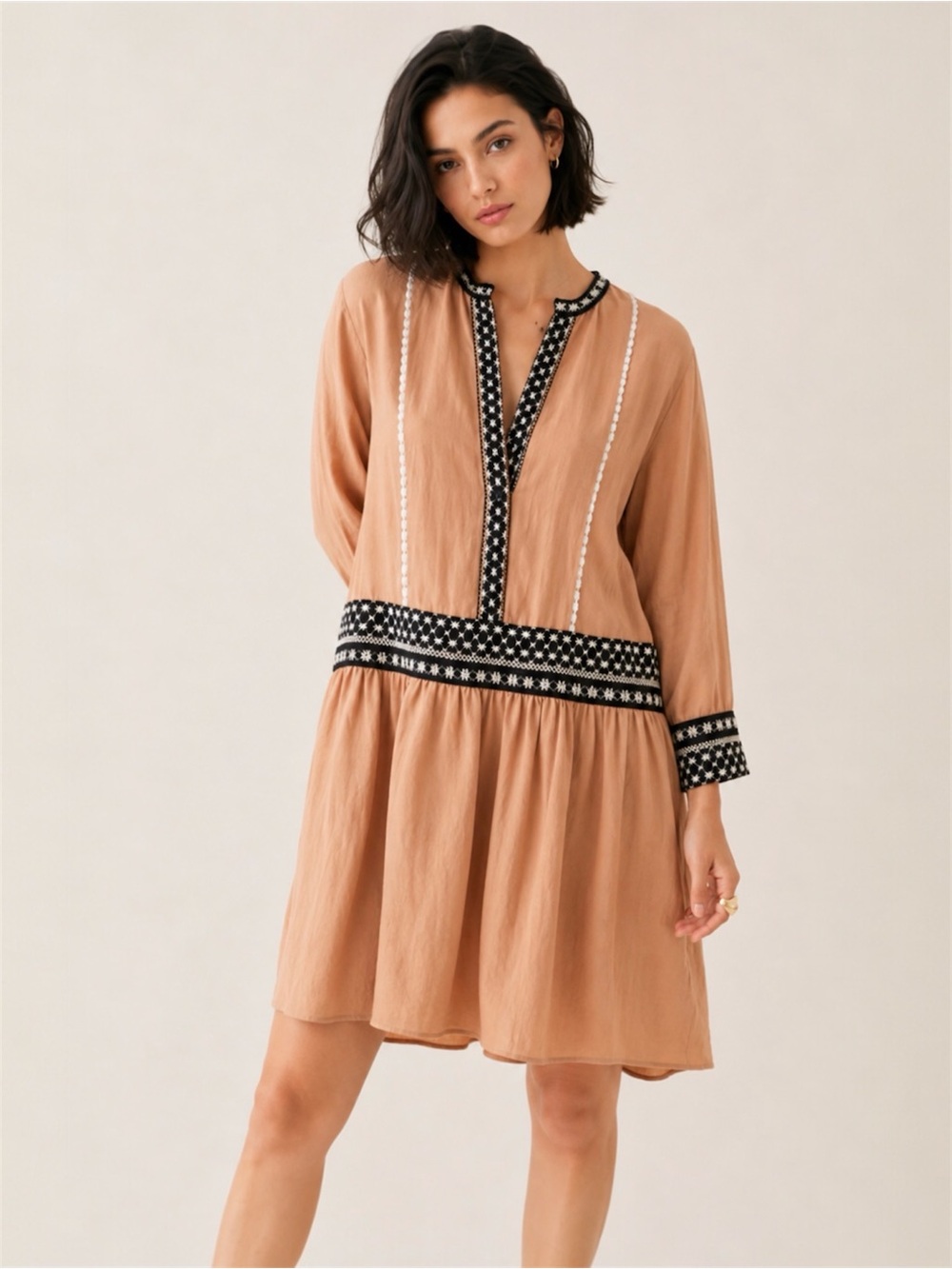 Zara Linen Blend Embroidered Tunic Dress Large Boho Hi-Low Beige Burnt Orange - Picture 11 of 11